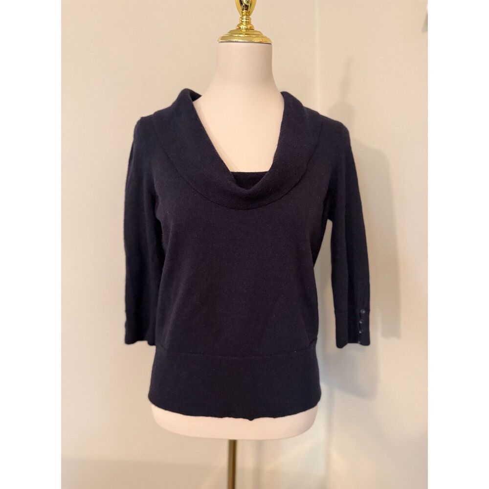 Susan Bristol 100% Merino Wool Navy Cowl Neck Sweater L 3/4 Sleeve